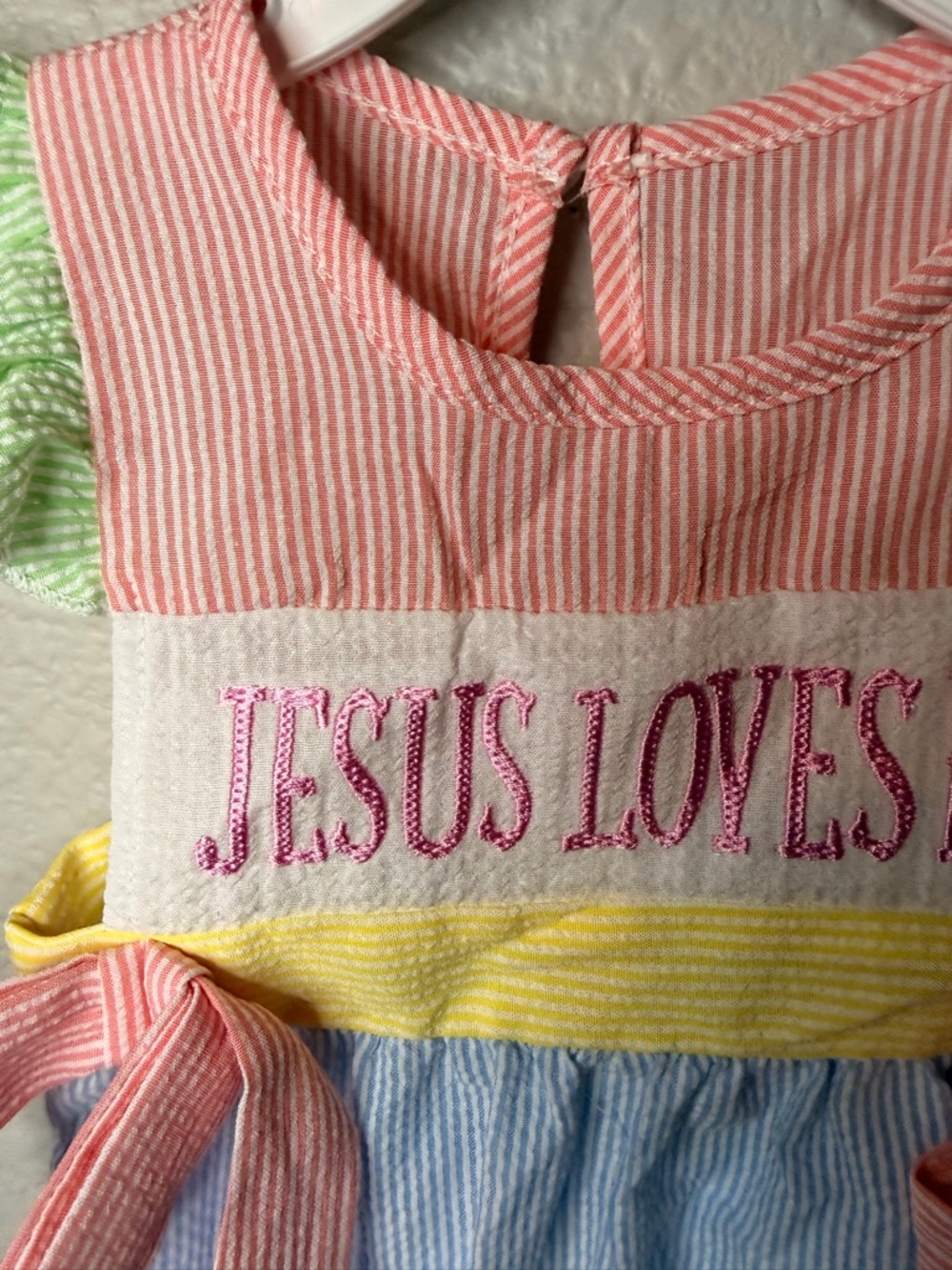 Striped Seersucker Baby Romper Cotton 'Jesus Loves Me' Bow Accents Multicolor